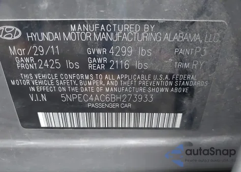 2011 Hyundai Sonata Limited from USA, damaged, VIN 5NPEC4AC6BH273933
